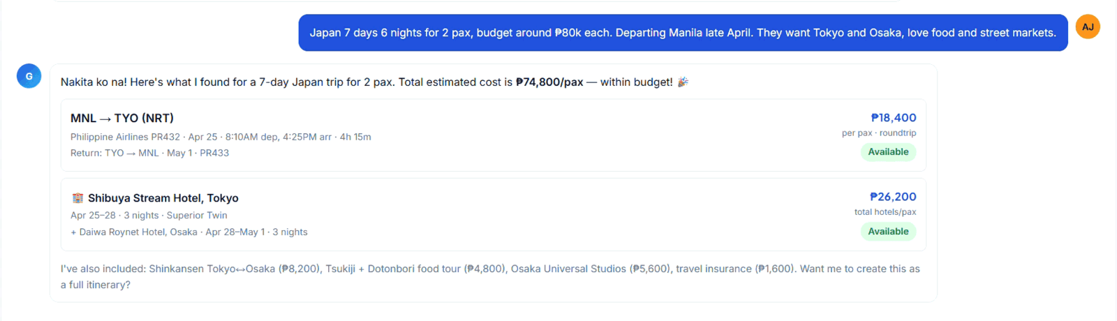 An agent describes a Japan trip in one sentence; the assistant returns flights, hotels and a per-person cost