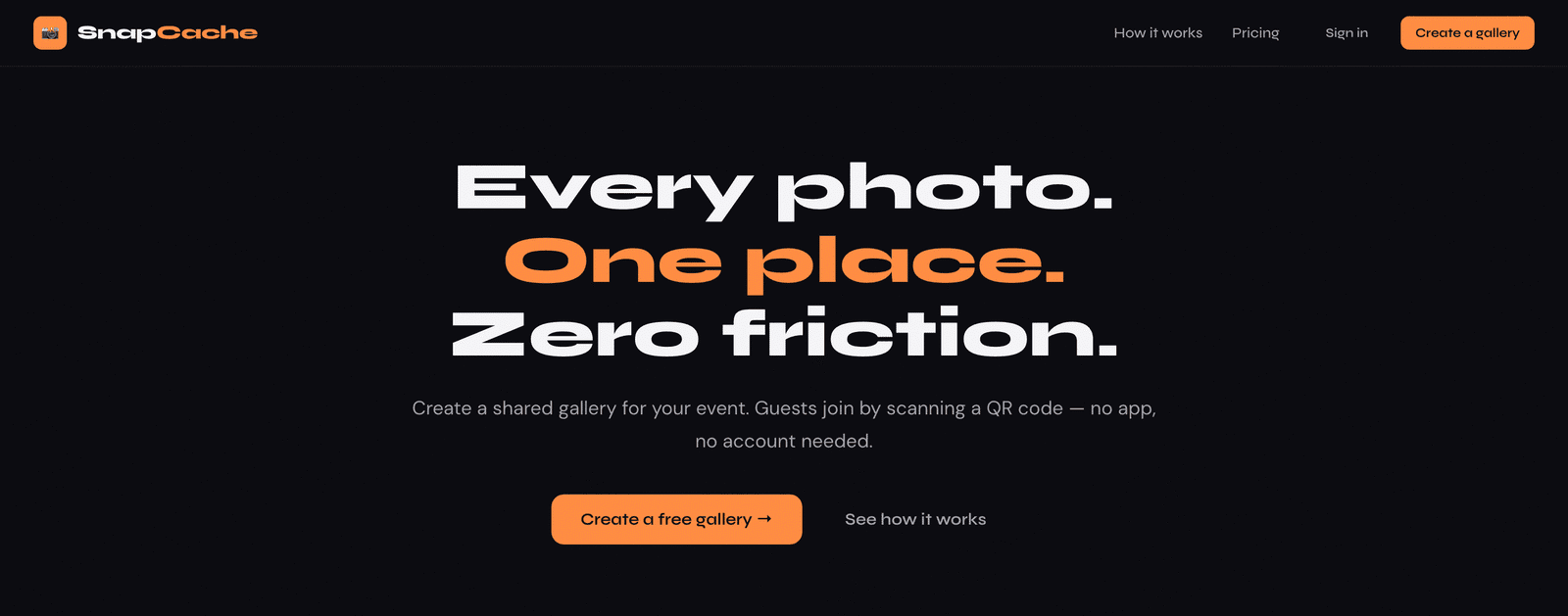 SnapCache landing page: Every photo. One place. Zero friction.